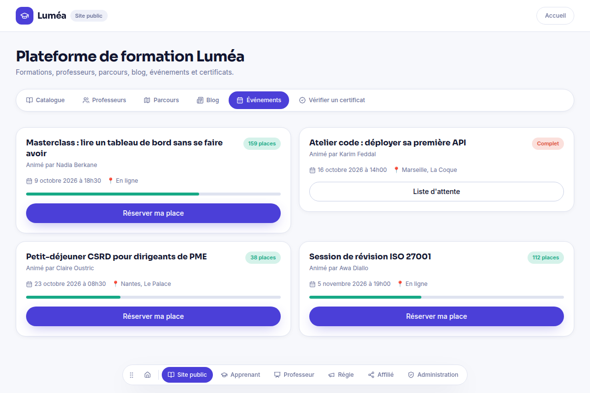 Événements et ateliers en ligne avec places limitées