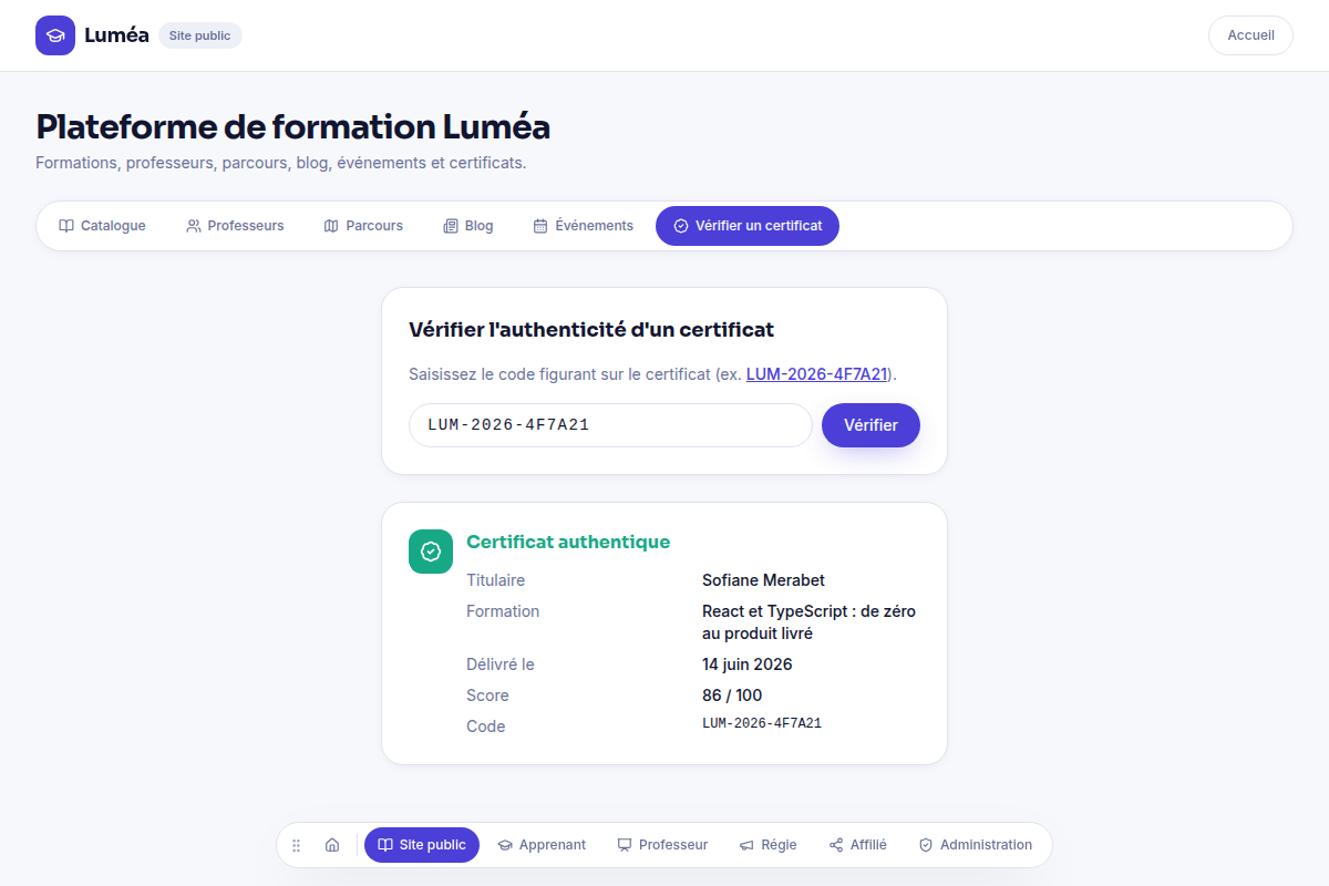 Vérification publique d'authenticité d'un certificat