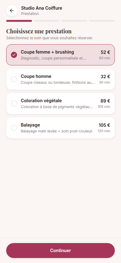 Choix de la prestation à réserver