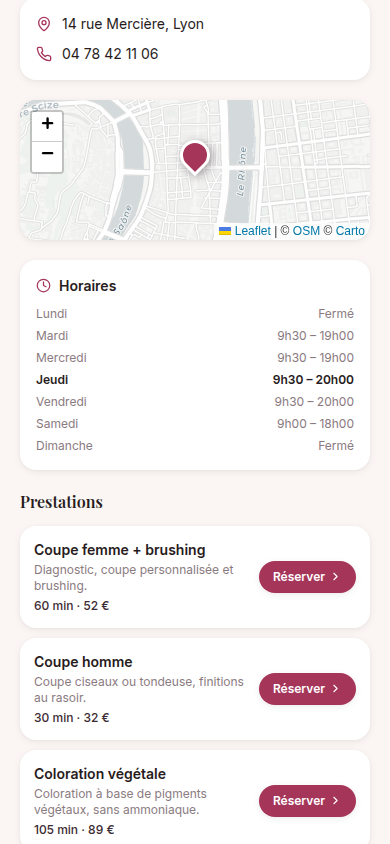 Fiche institut : horaires et prestations