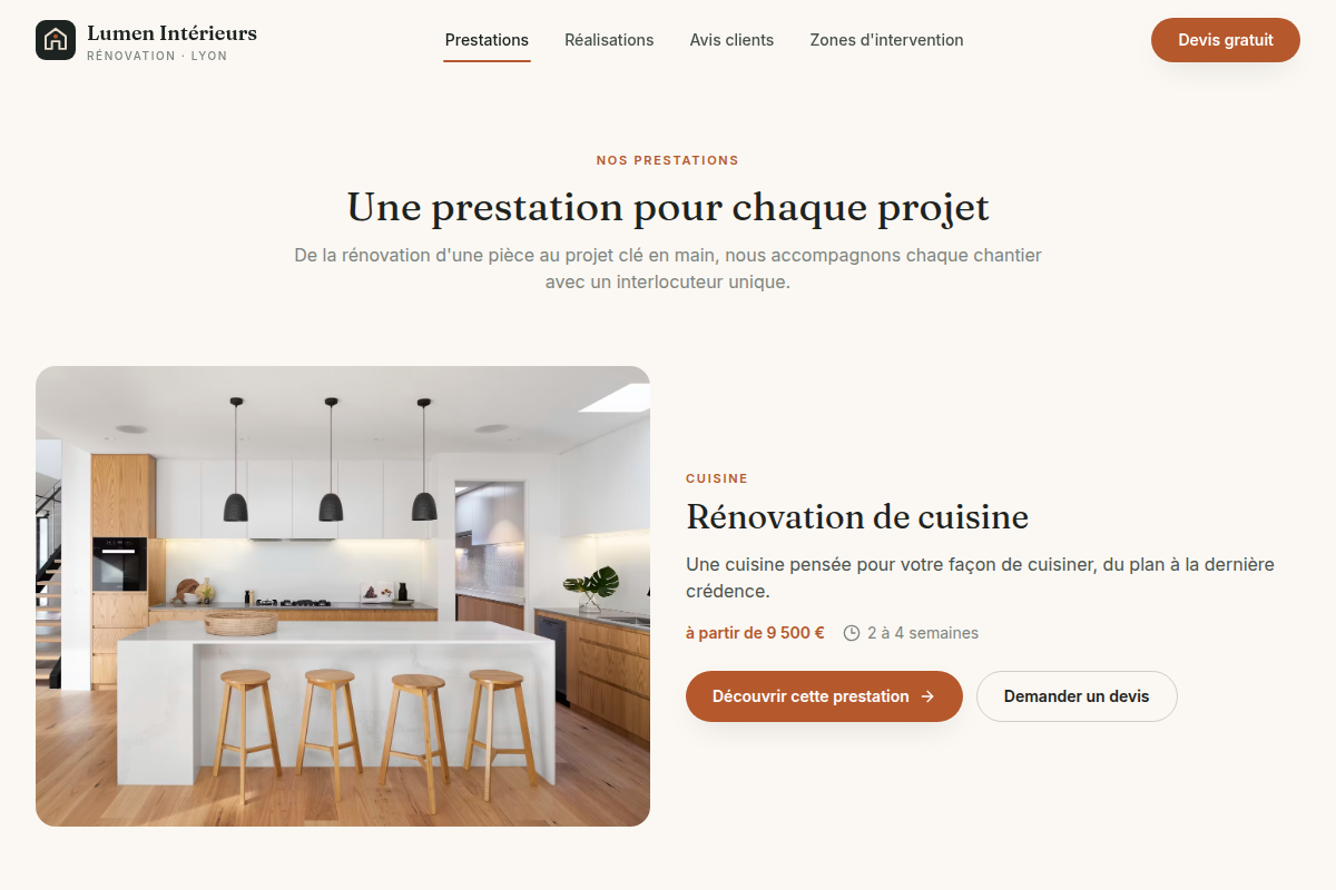 Catalogue des prestations, prix de départ affiché
