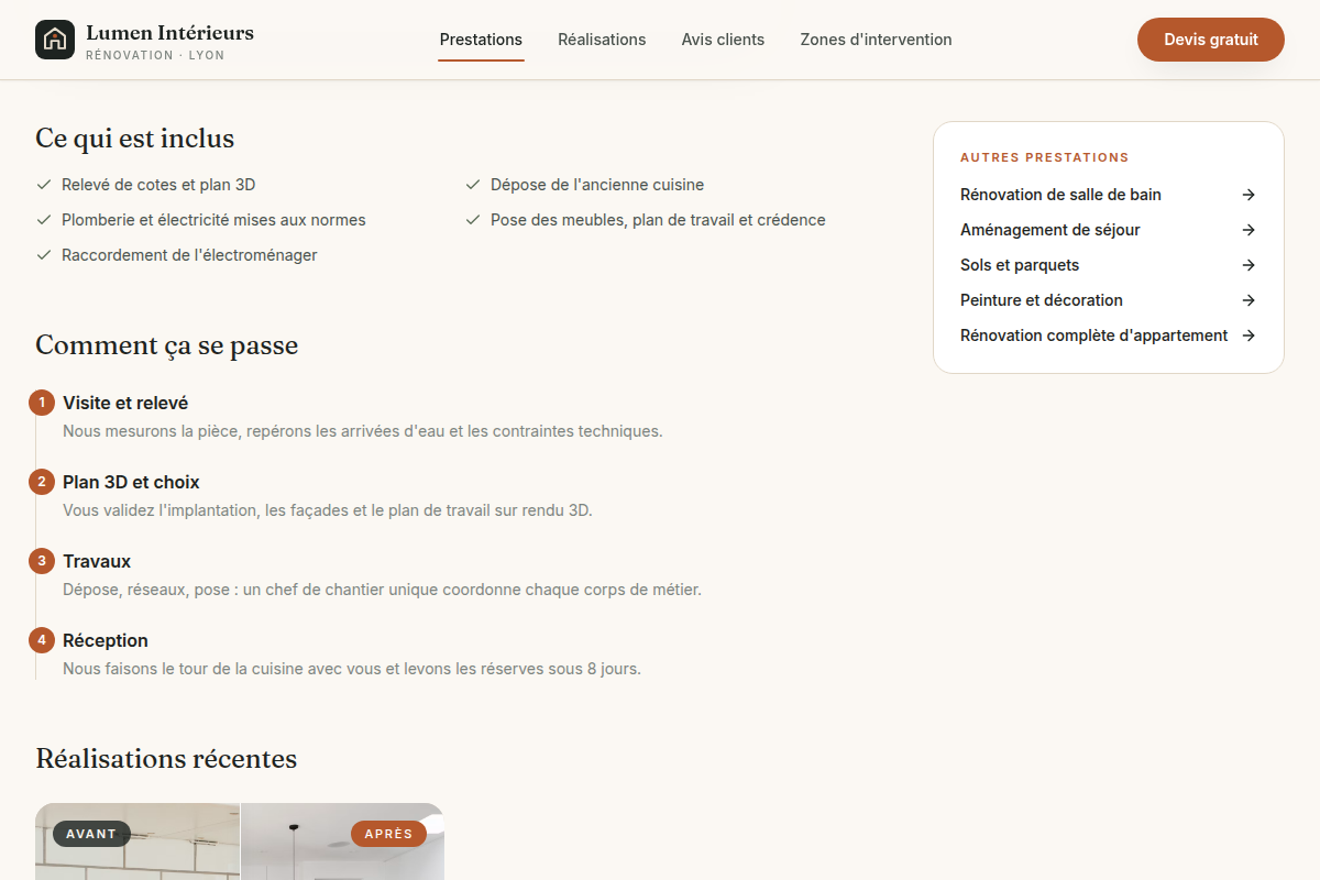Fiche prestation : inclus et étapes du chantier