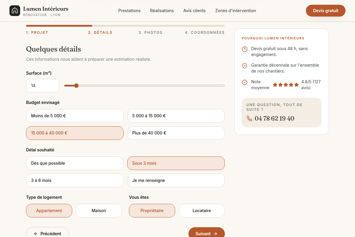Simulateur de devis, étape détails renseignée