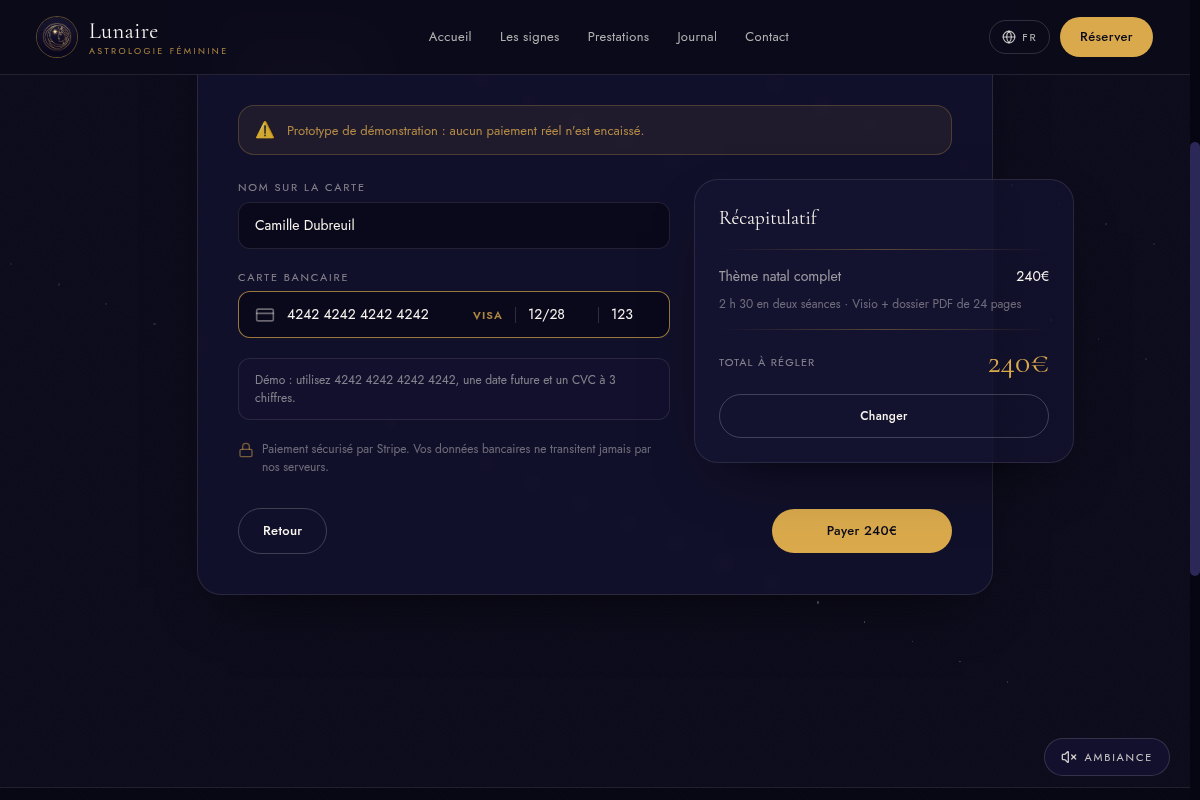 Étape 3 : paiement carte façon Stripe Elements