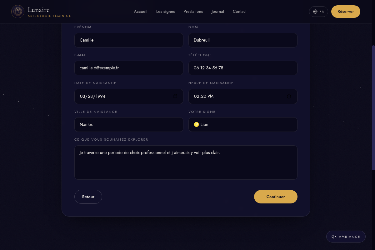Étape 2 : coordonnées et infos astrologiques