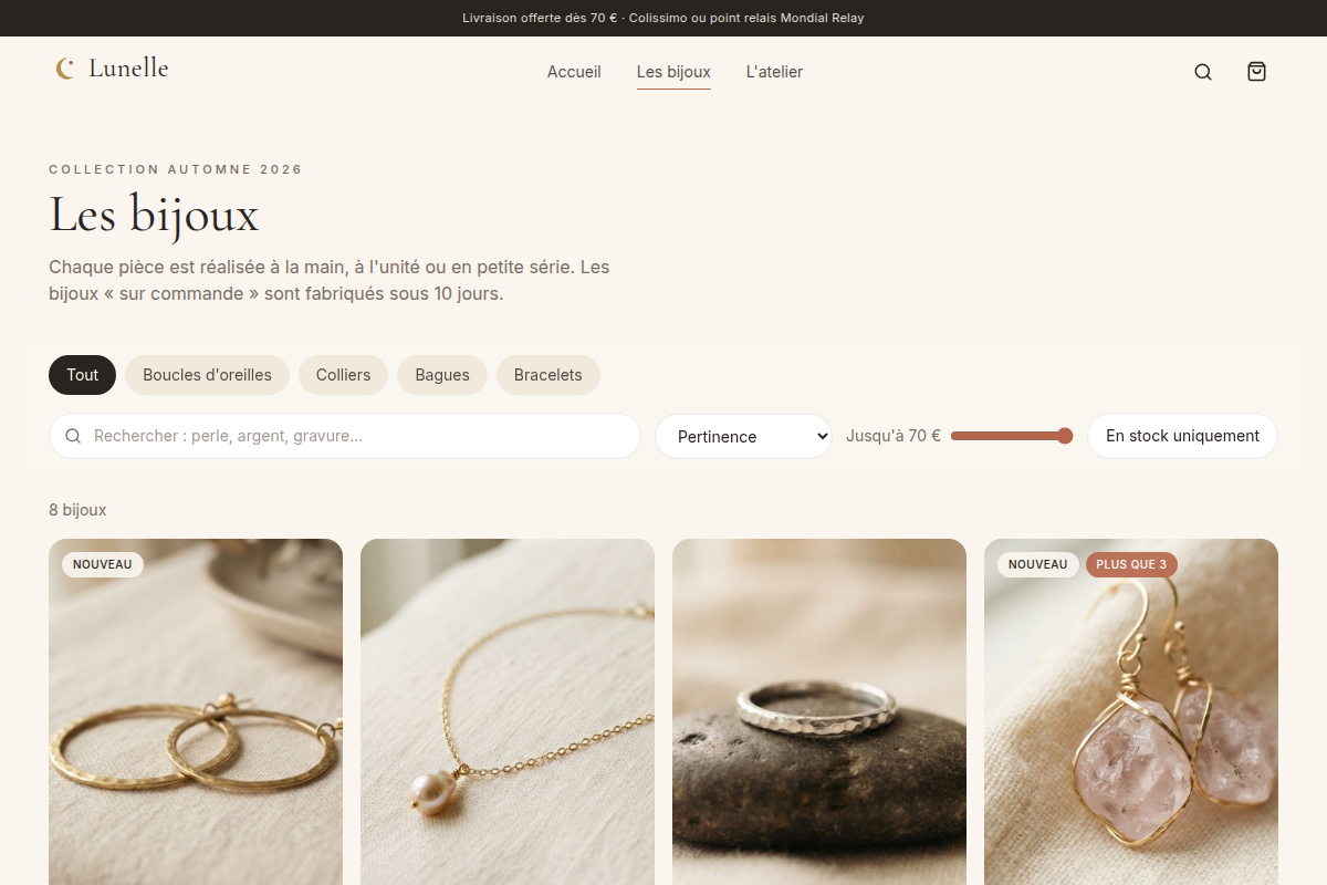 Catalogue filtrable : catégories, recherche, prix, stock