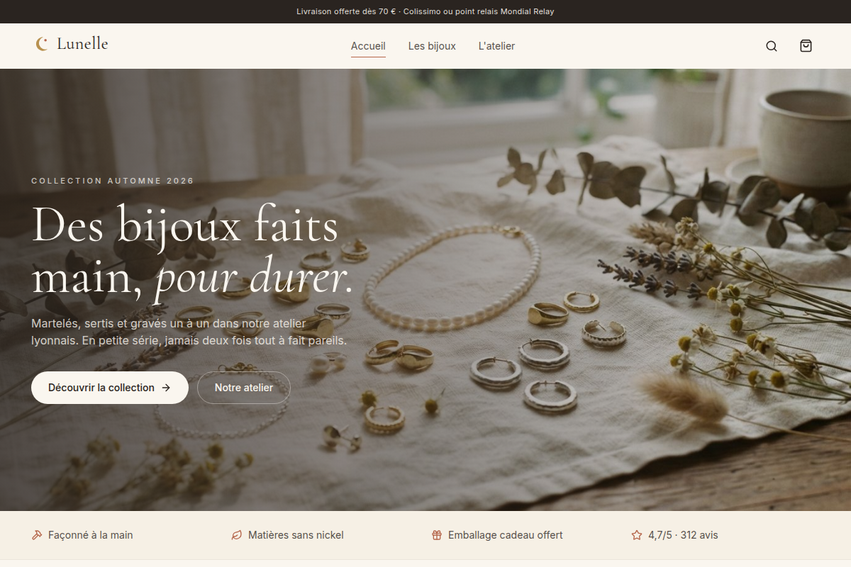 Accueil boutique : bijoux faits main, pour durer