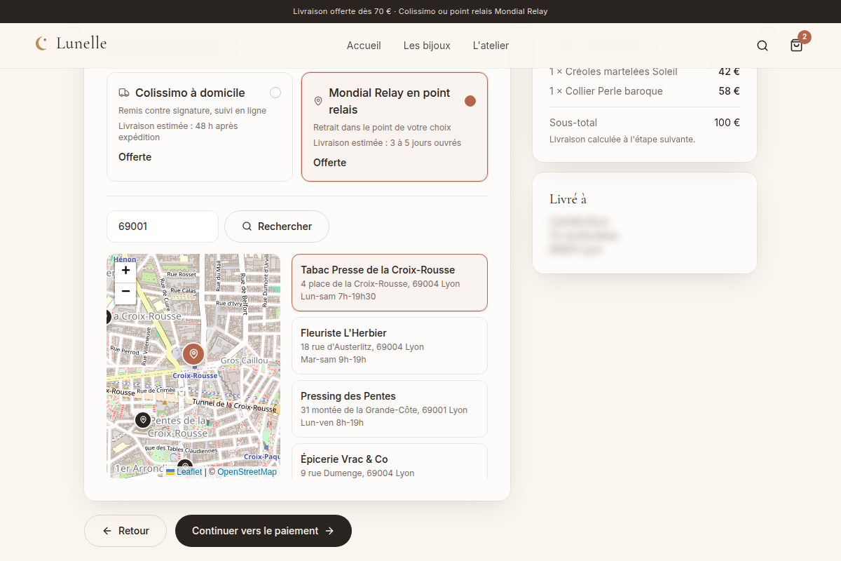 Tunnel de commande : choix du point relais sur carte