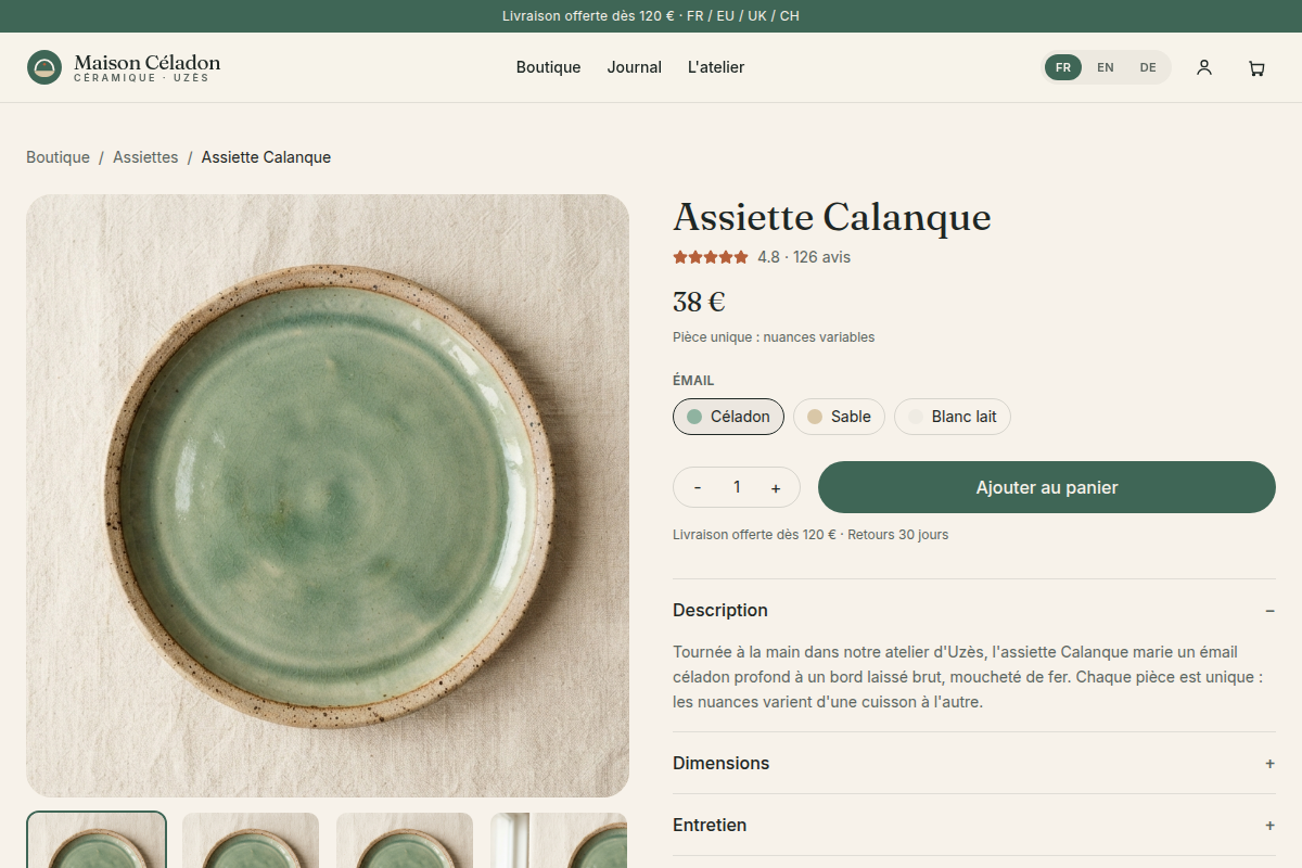 Fiche produit : émaux, stock, avis