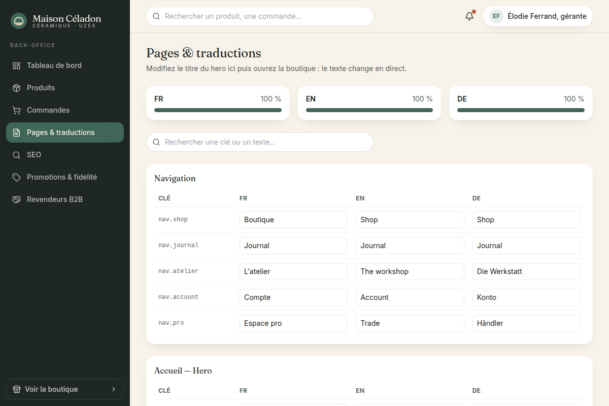 Traductions FR/EN/DE et pages éditables