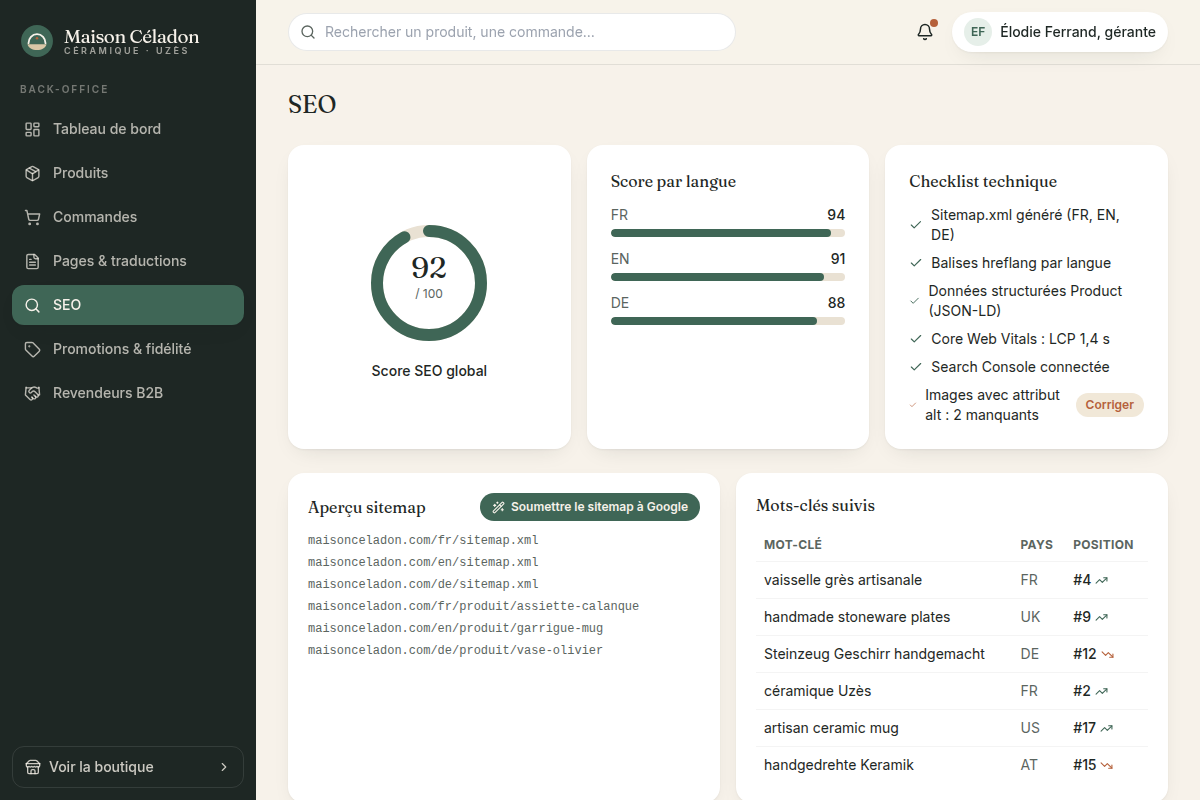 SEO : score par langue, mots-clés suivis