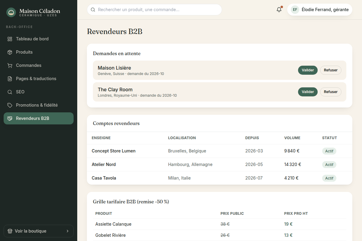 Revendeurs B2B : validation, tarifs pro
