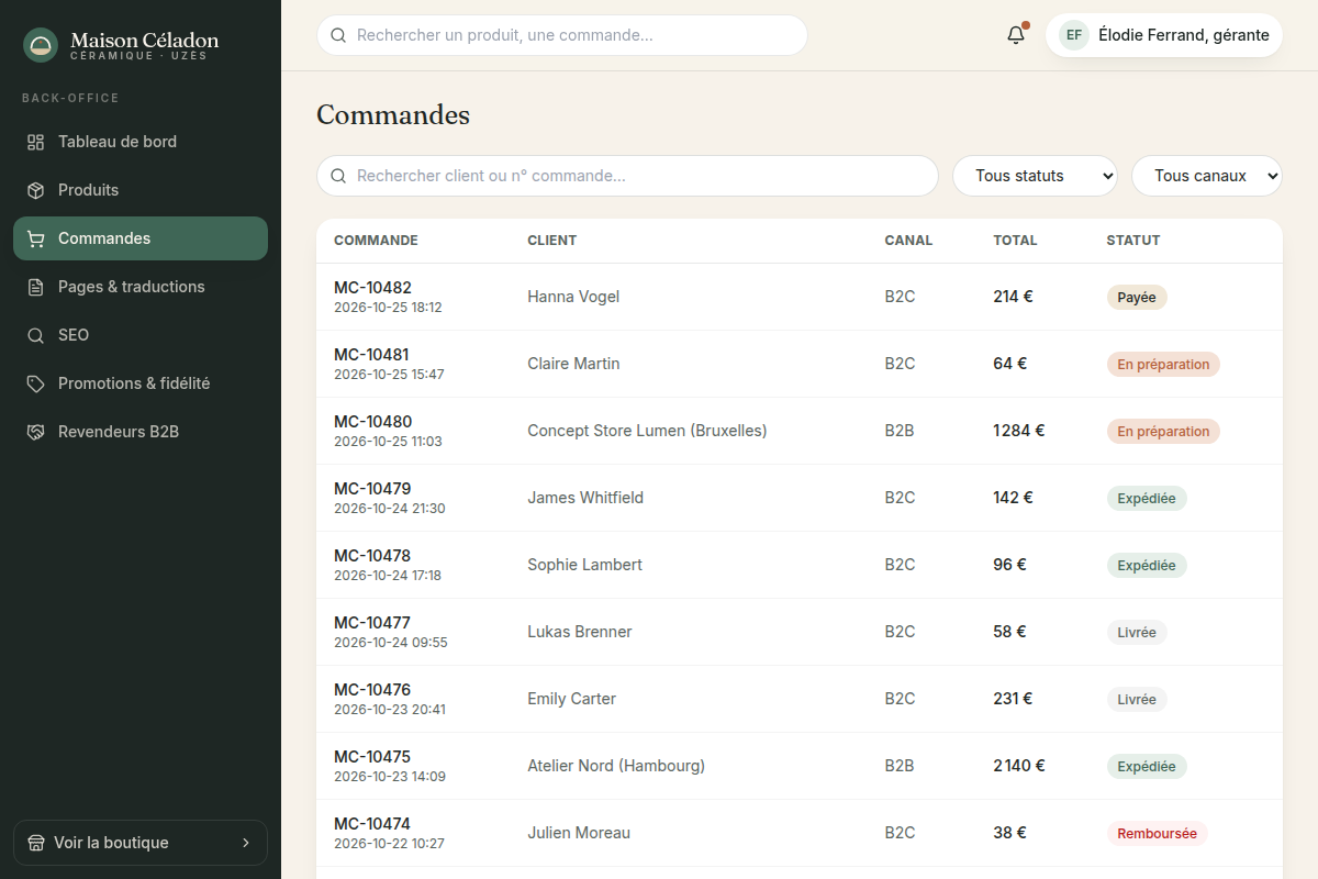 Commandes : statuts, canaux B2C/B2B
