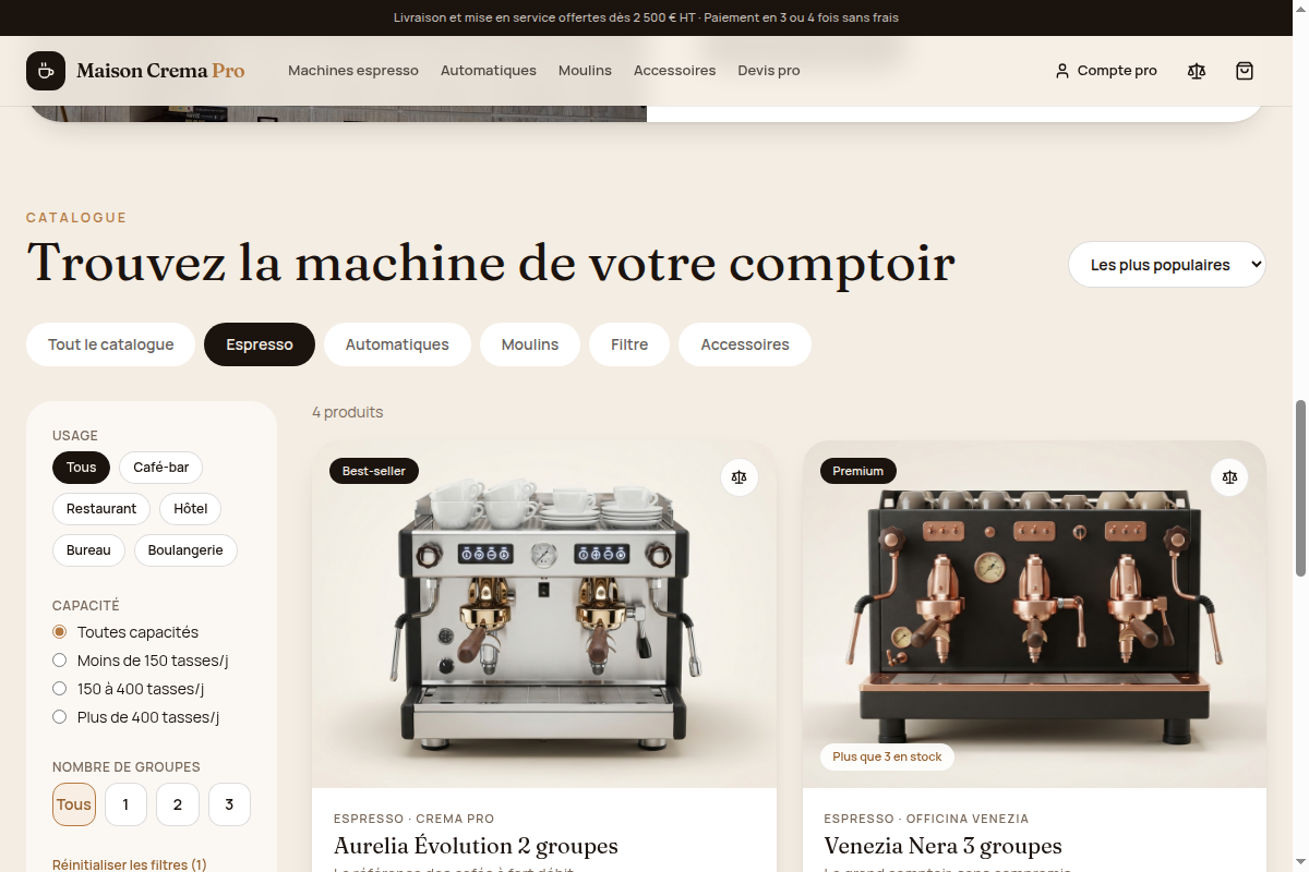Catalogue filtrable par usage et capacité