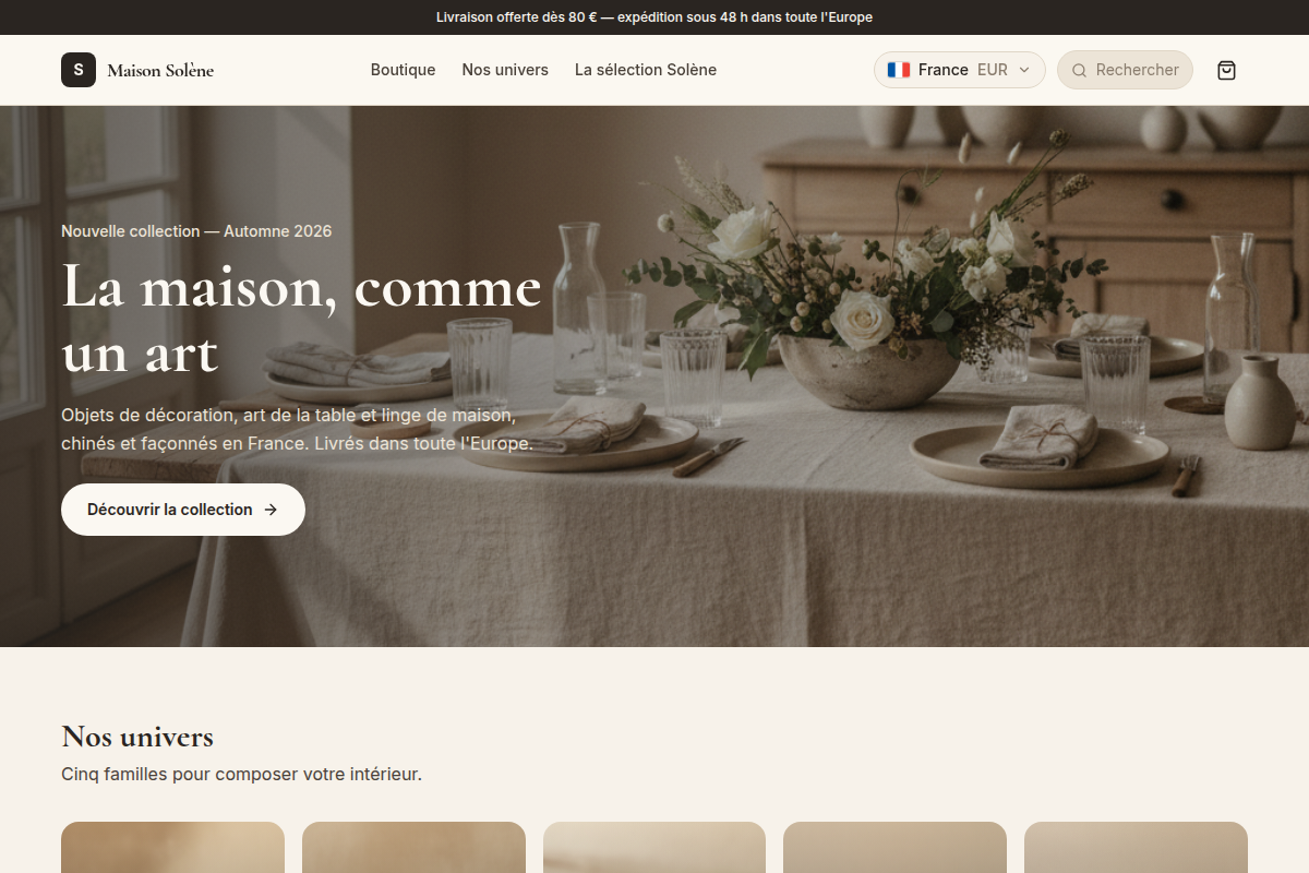 Accueil boutique, marché France en euros