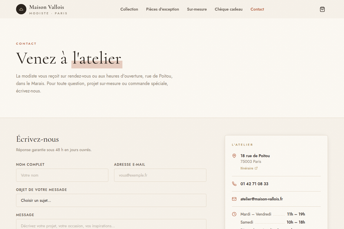 Contact : formulaire et carte de l'atelier