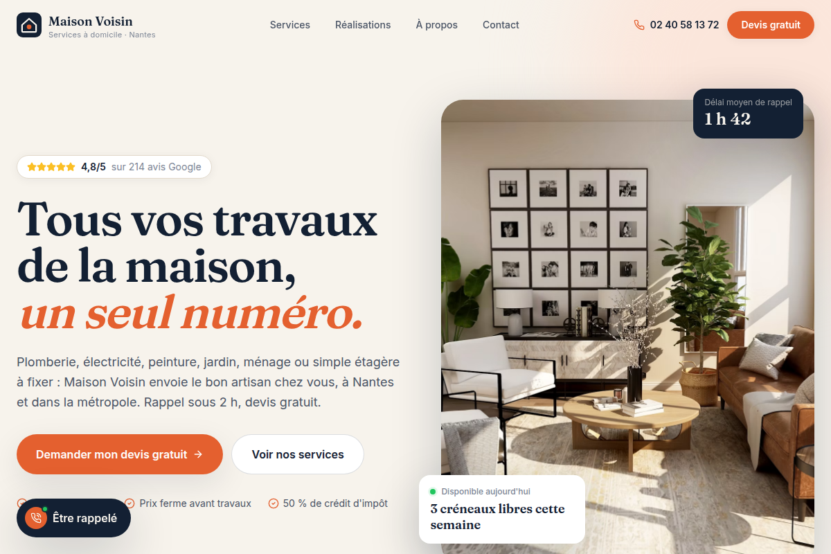 Accueil : promesse, note Google et devis en 1 clic