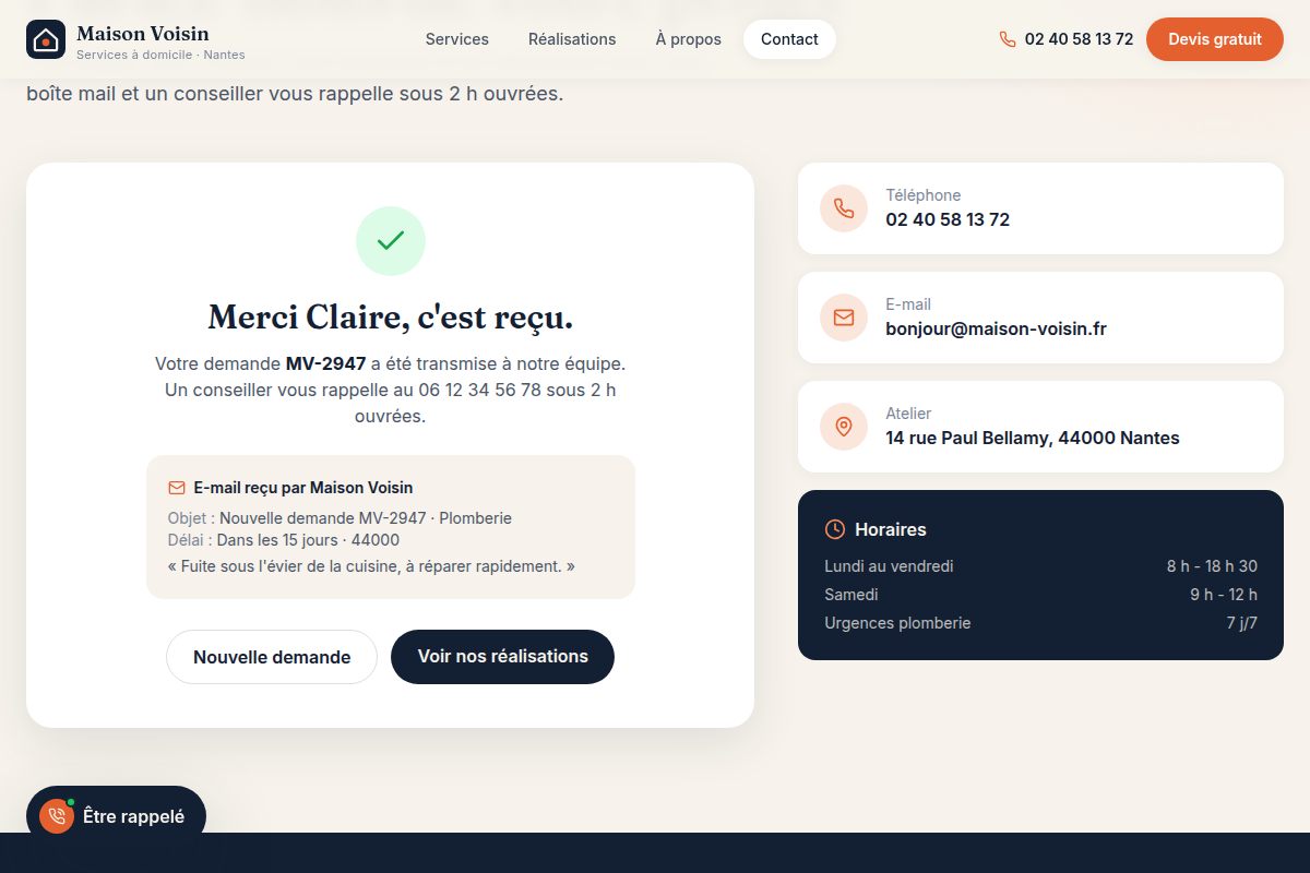 Écran de confirmation avec numéro de dossier