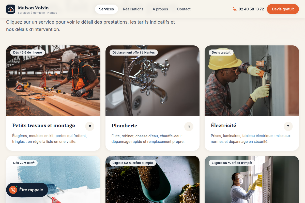 Page Services : détail des 6 métiers proposés