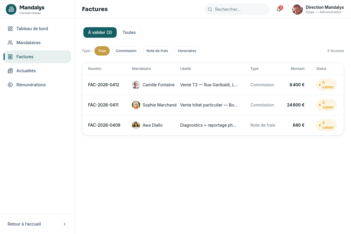 Validation des factures et commissions