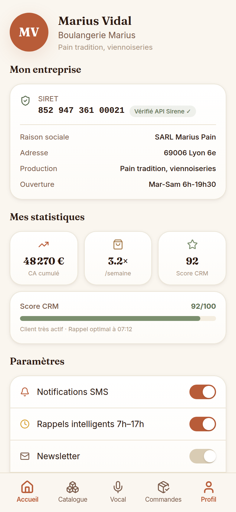 Profil : SIRET vérifié, stats et rappels