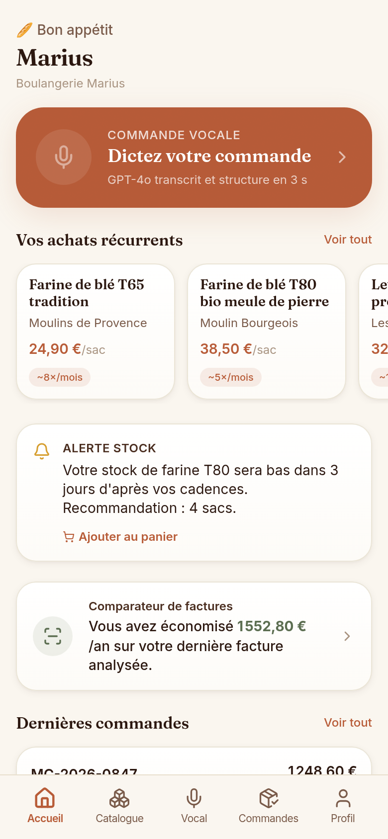 Accueil : commande vocale et achats récurrents