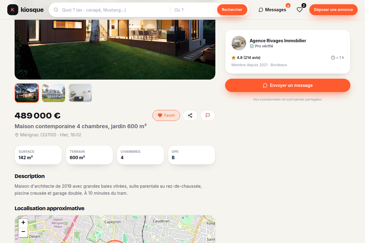 Fiche annonce : galerie, attributs et vendeur