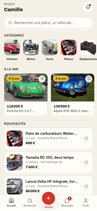 Fil d'annonces et catégories à l'accueil