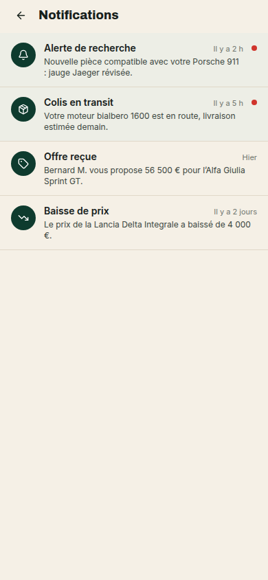 Centre de notifications (alertes, offres)