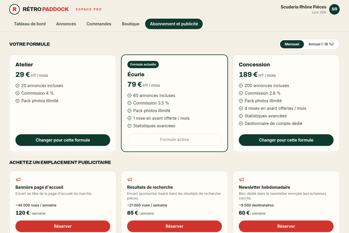 Formules d'abonnement et emplacements publicitaires