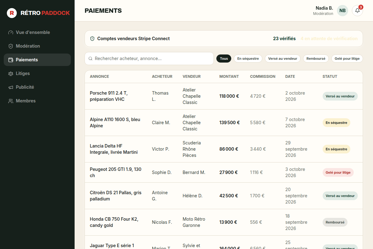 Comptes vendeurs, séquestre et statut des versements