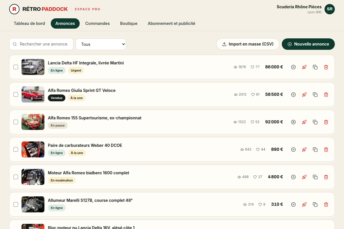 Liste des annonces, statuts, import CSV en masse