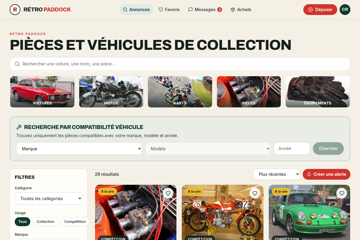 Grille de résultats avec filtres par marque et usage