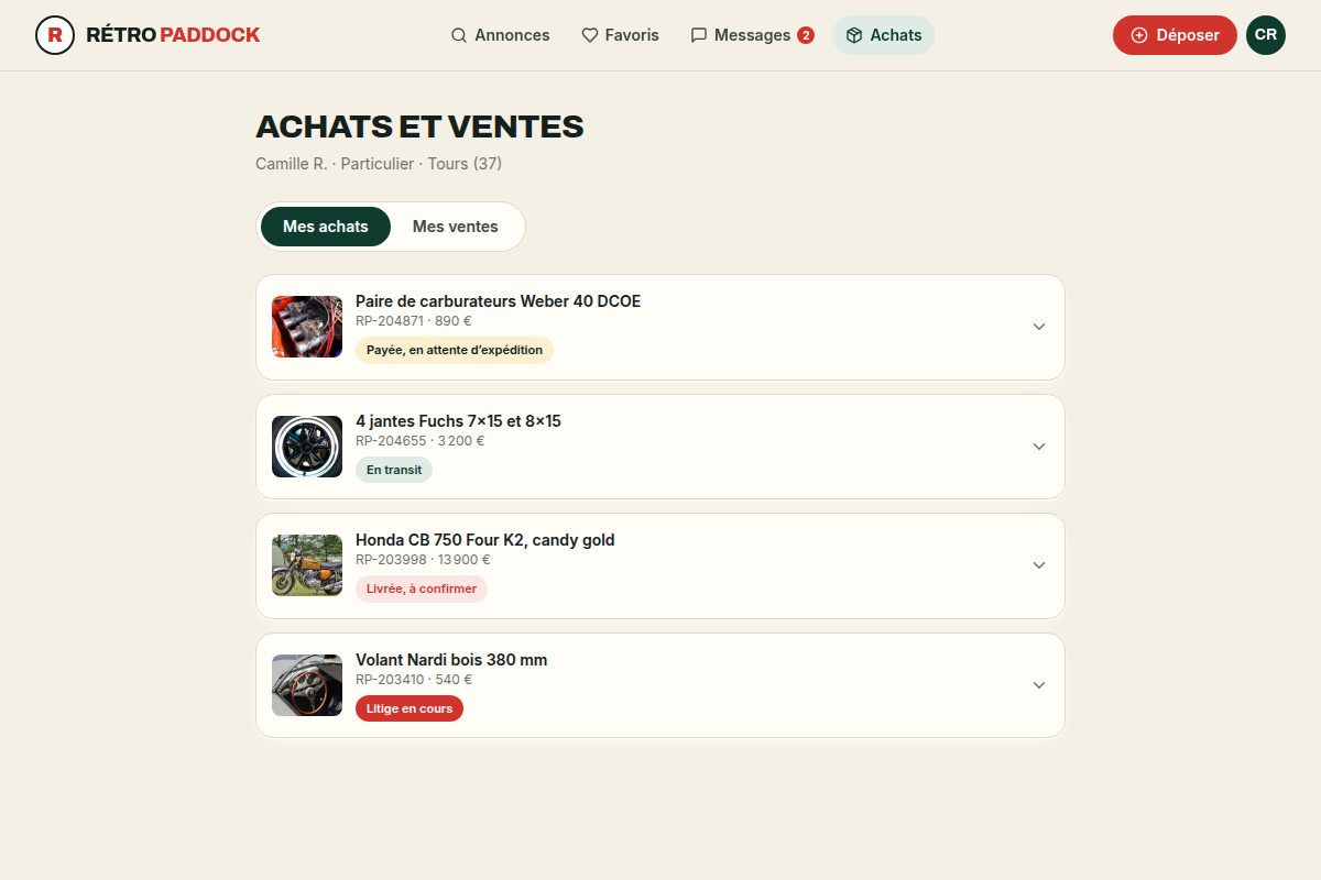 Suivi des achats : statuts livraison, litige, confirmation