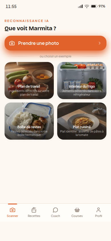 4 modes de scan : frigo, plan, restes, plat