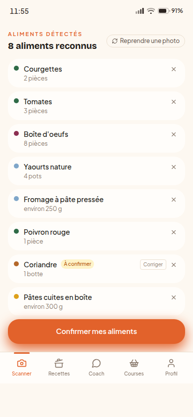 Aliments détectés avec score de confiance