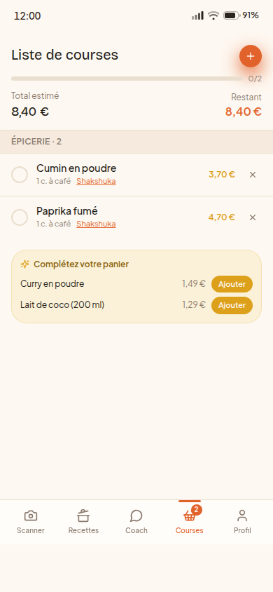 Liste de courses générée par rayon