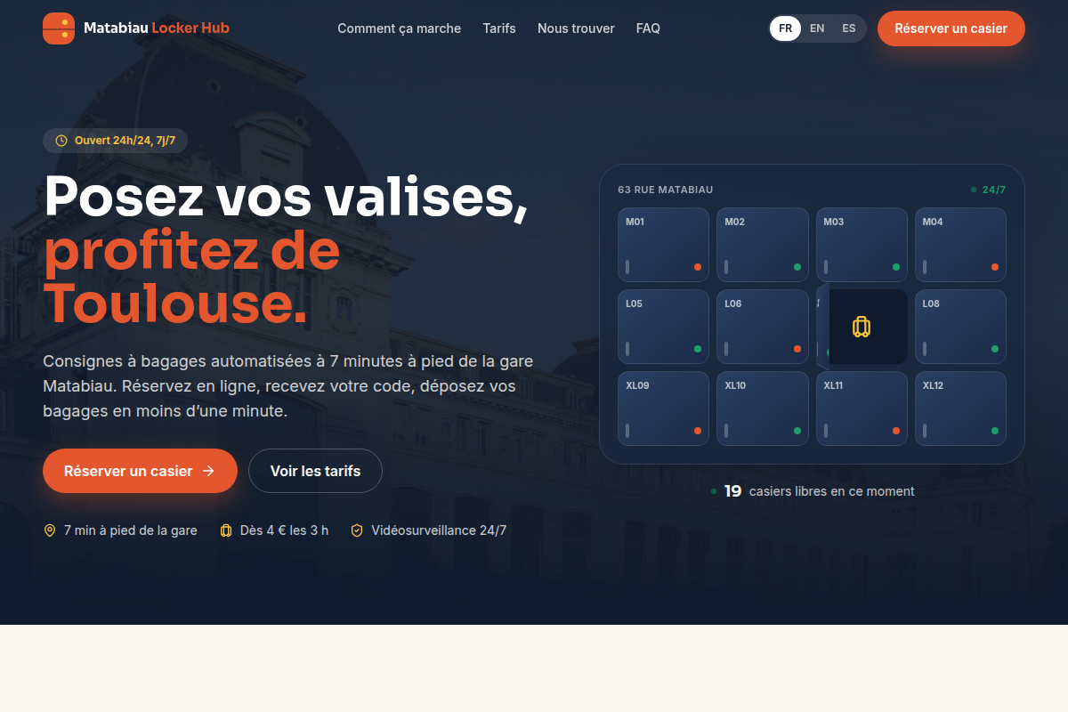 Page d'accueil avec disponibilité des casiers en direct