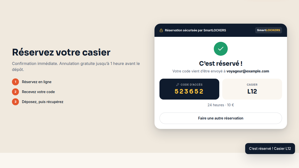 Réservation en 3 étapes, code instantané