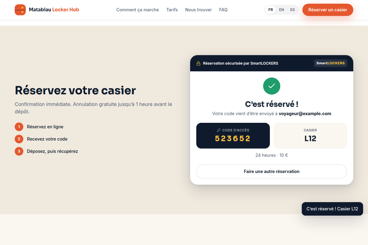 Confirmation instantanée avec code d'accès généré