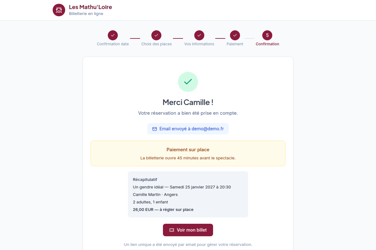 Confirmation et billet envoyé par email