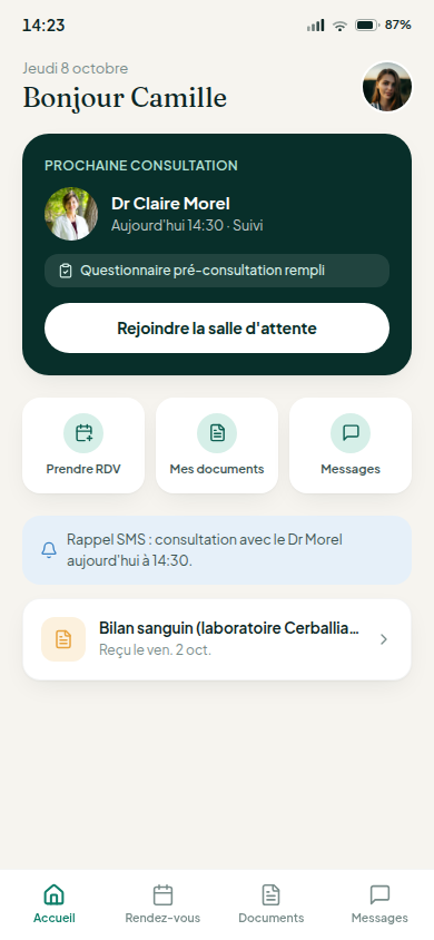 Accueil patient : prochain rendez-vous et raccourcis