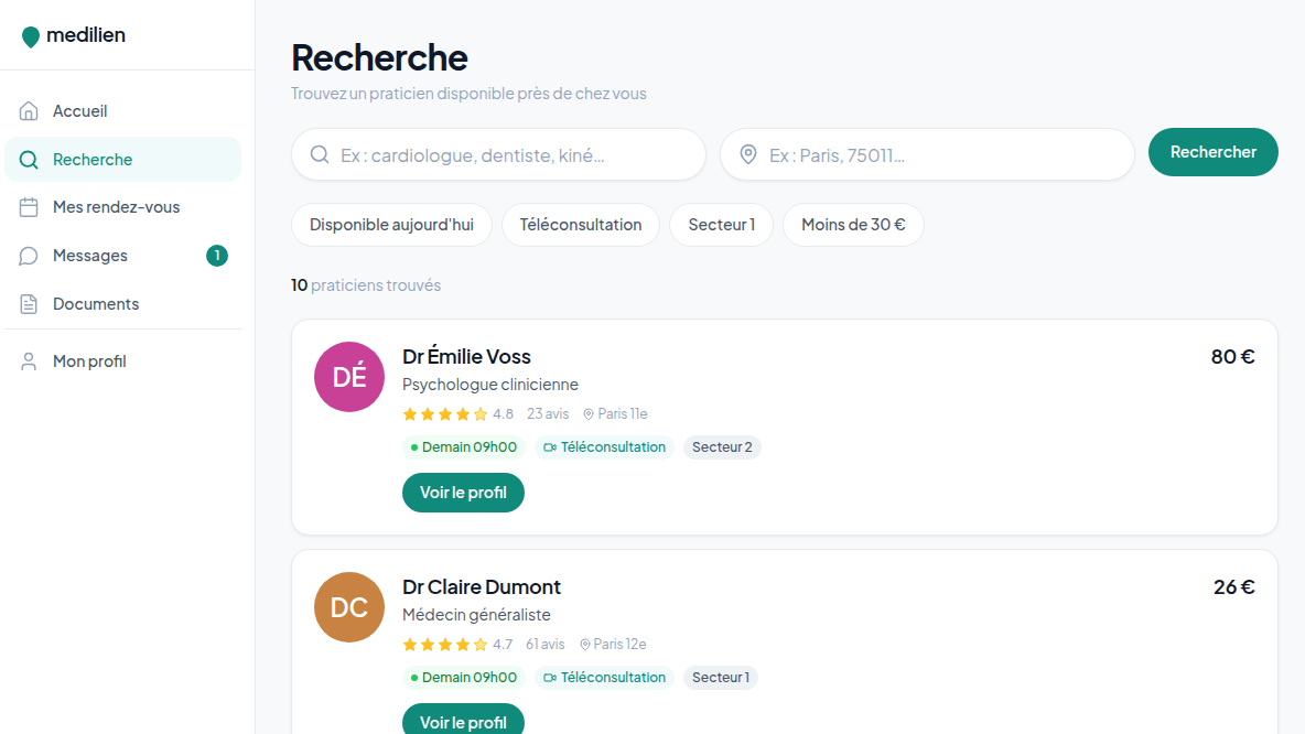 Recherche filtrée de praticiens
