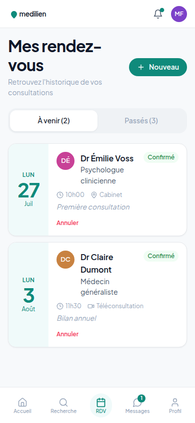 Mes rendez-vous à venir et passés