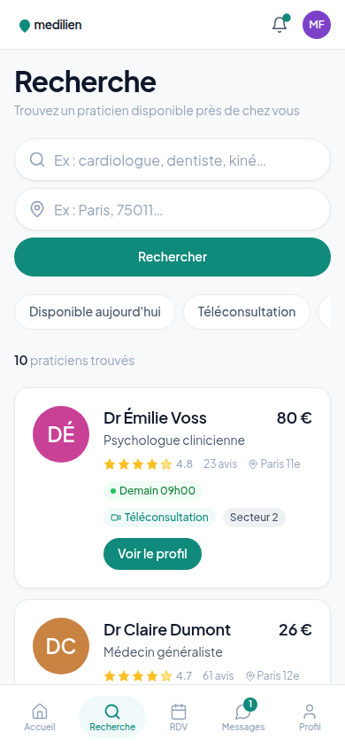 Recherche de praticiens avec filtres
