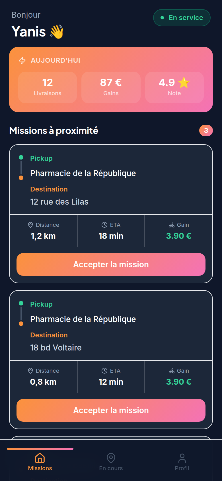Missions du livreur à proximité
