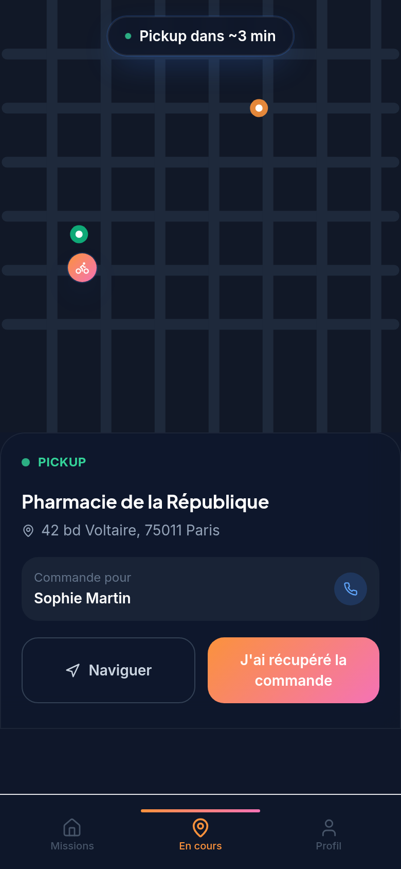 Mission en cours : pickup et navigation