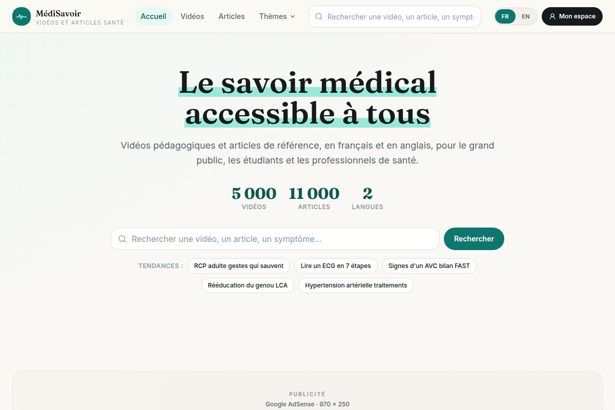 Accueil : vidéo du moment, thèmes, articles