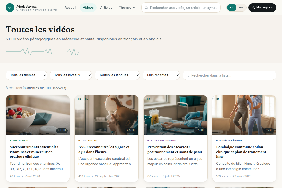 Catalogue vidéo filtrable par thème