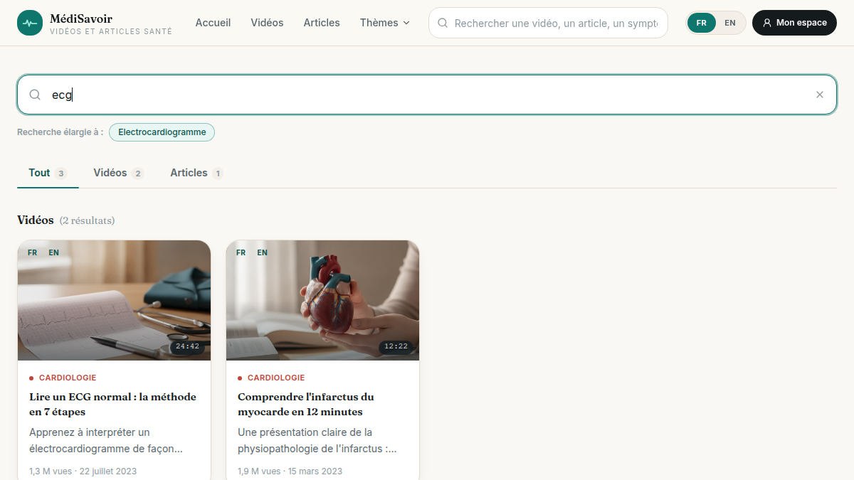 Recherche unifiée vidéos et articles
